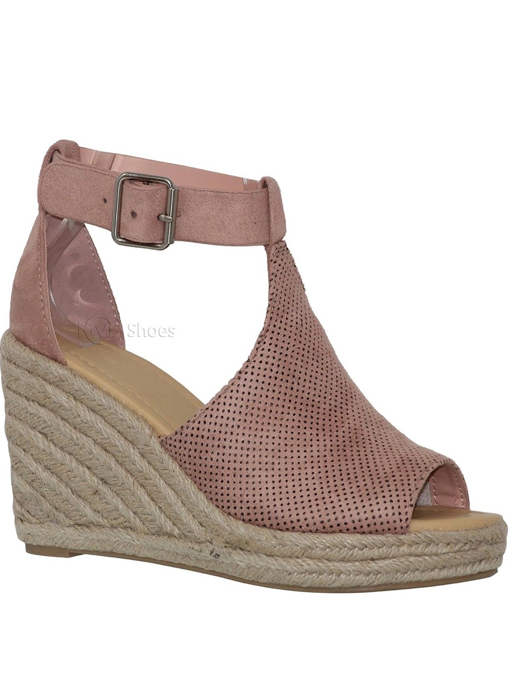 Cityclassified Blush Pink Perforated Suede Espadrille Wedge Sandals